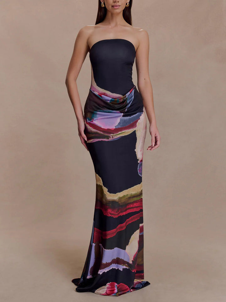 Exquisite Strapless Abstract Print Bodycon Maxi Dress