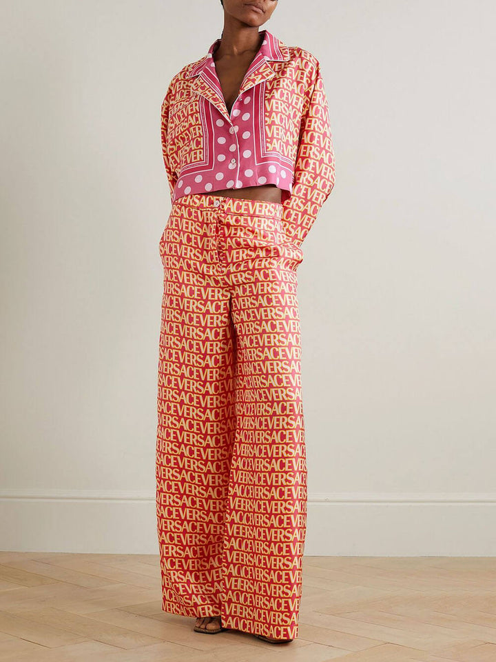 Unique Retro Satin Font Print Elastic Waist Wide Leg Pants