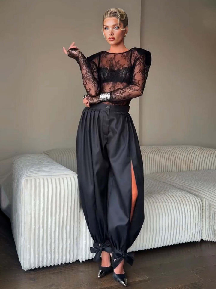 Sexy Lace Top & High-Waisted Drawstring Lantern Pants Set