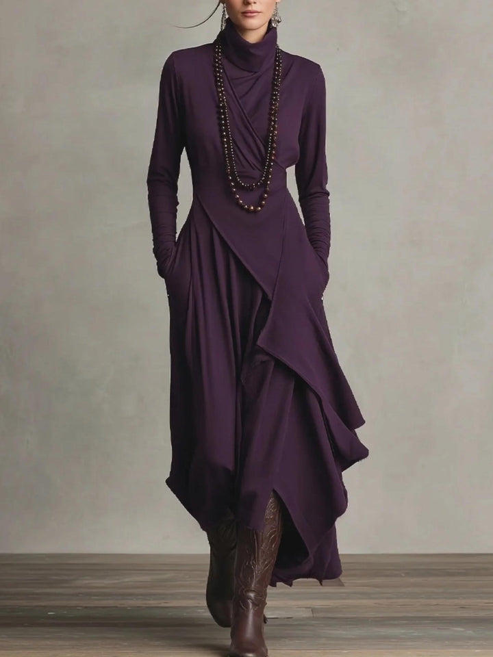 Elegant High-Neck Draped Asymmetrical Maxi Dress