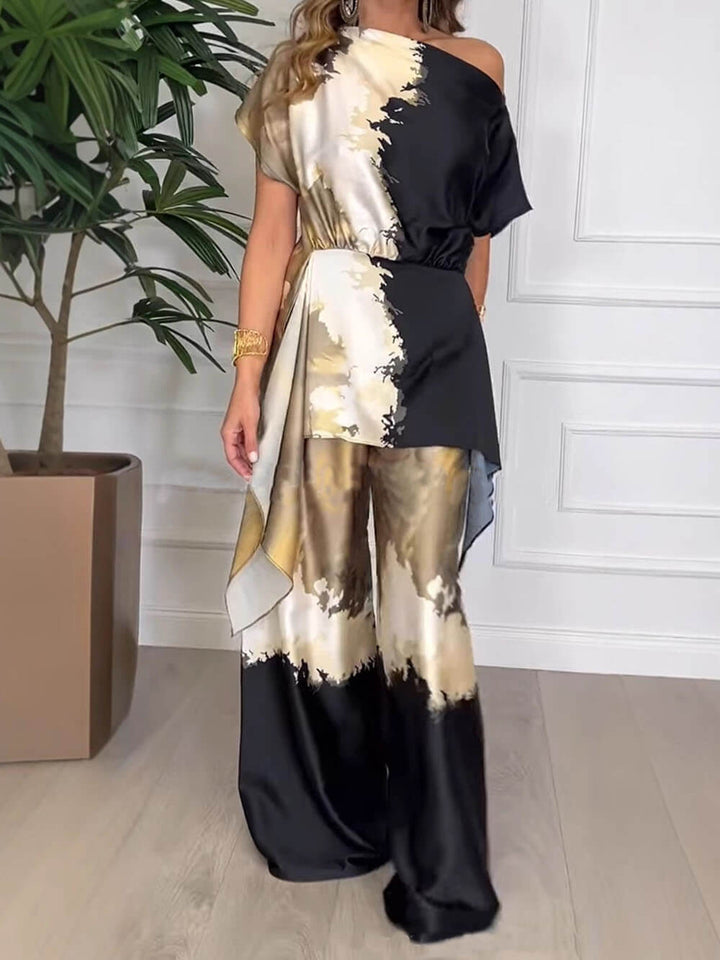 Exquisite Satin Unique Print Wide Sleeve Irregular Top and Elastic Waist Wide Leg Pants Set