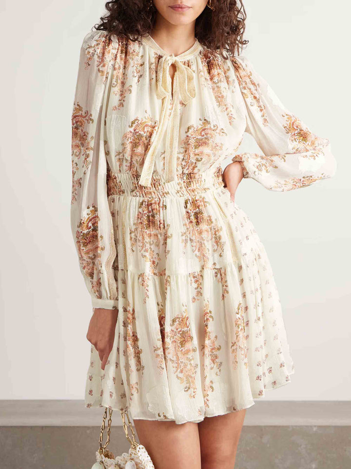 Elegant Tie Neck Bohemian Floral Print Mini Dress