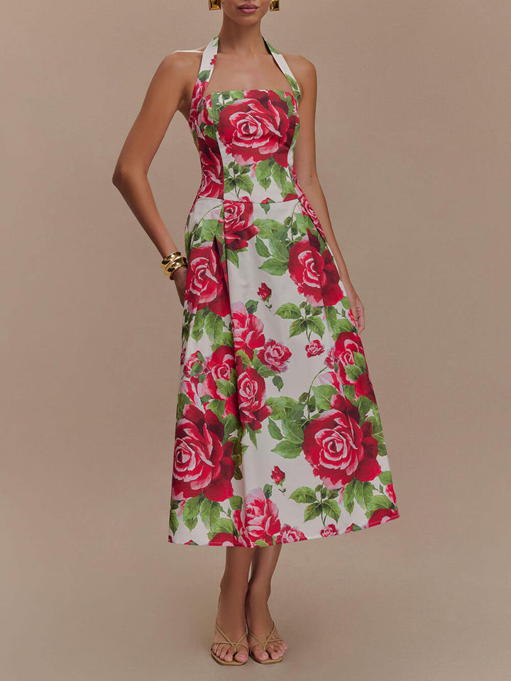 Elegant and Stunning Large Rose Printed Backless Pleated Midi Dress