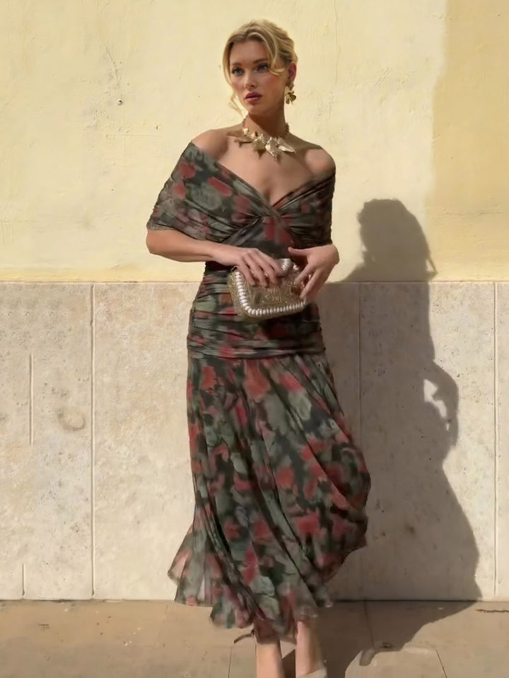 Elegant Mesh Watercolor Print Pleated Maxi Dress