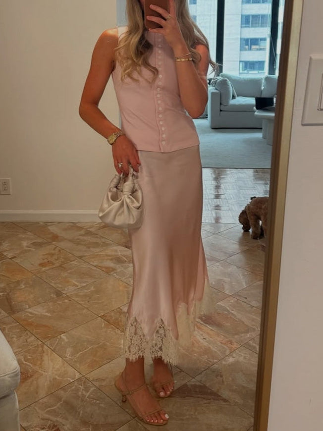 Elegant Satin Lace Hem Midi Skirt