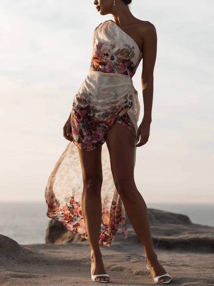Elegant One-shoulder Bow Sleeve Floral Print Draped Top