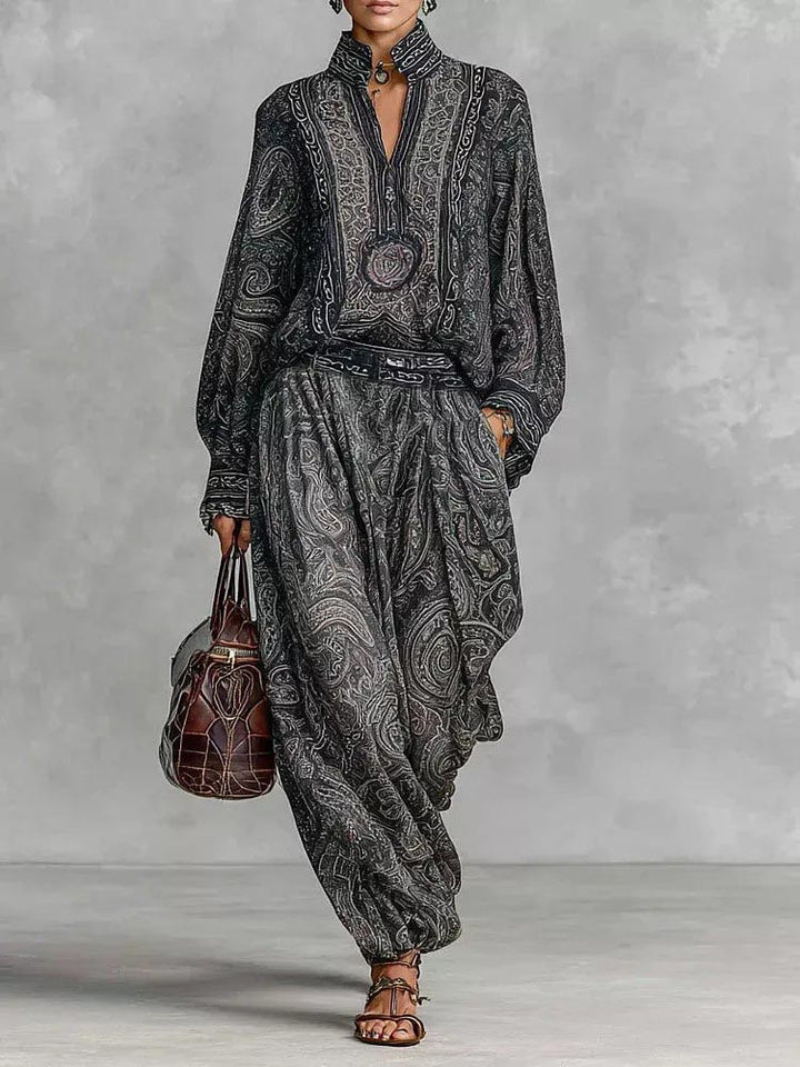 Retro Paisley Print Shirt Two-piece Set