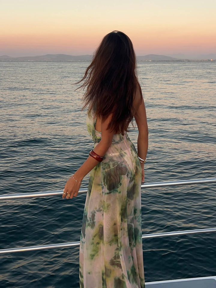Exquisite Draped Neck Tie-Dye Backless Maxi Dress