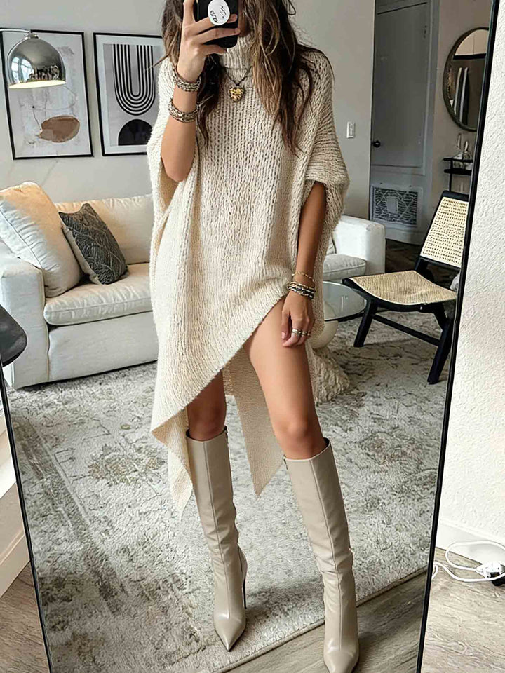 Asymmetrical Hem High-neck Knit Midi Dress