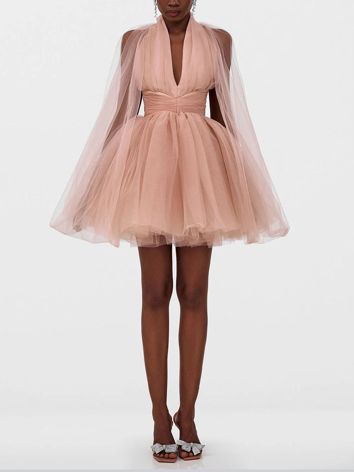 Elegant V-neck Cape Tulle Mini Dress