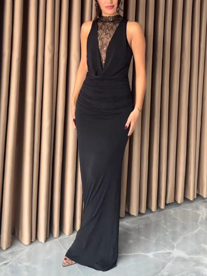 Elegant Draped Neckline Lace-trimmed Maxi Dress