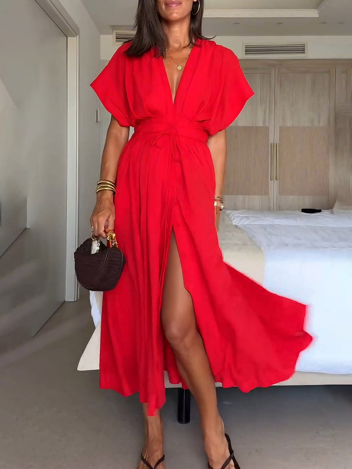 Elegant V-neck Drawstring Pleated Midi Dress