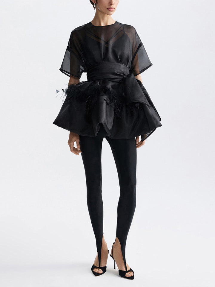 Elegant Feather Organza Top Two-Piece Set