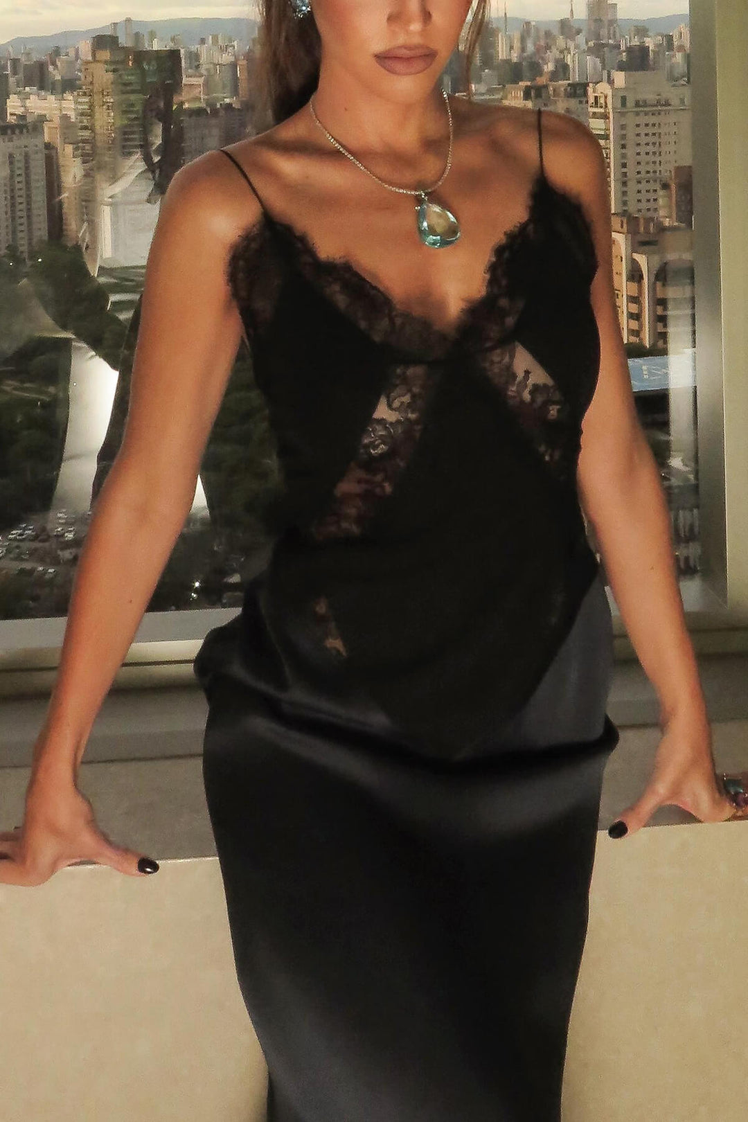 Elegant Satin Lace Patchwork Backless Maxi Dress