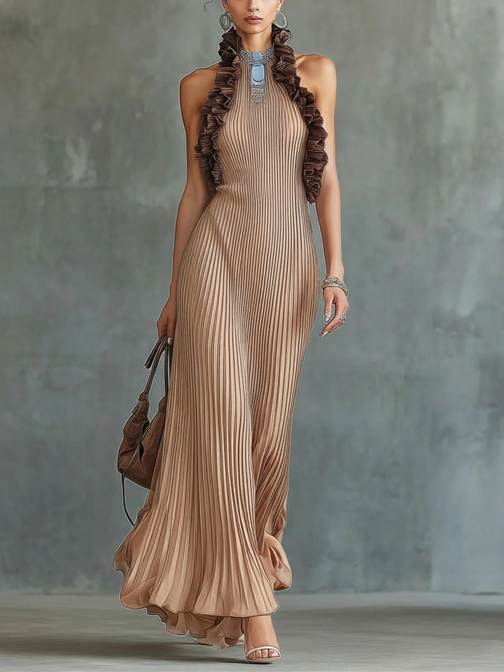 Elegant Halter Neck Pleated Maxi Dress