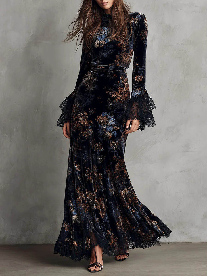 Exquisite Velvet Floral Print Pleated Maxi Dress