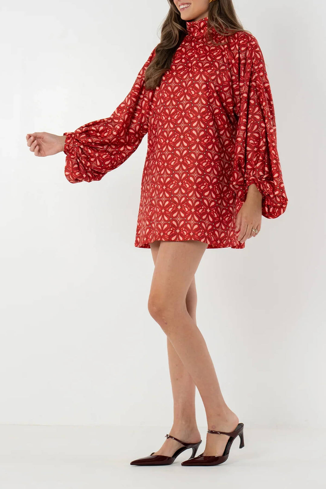 Retro Paisley Print High Neck Lantern Sleeve Draped Mini Dress