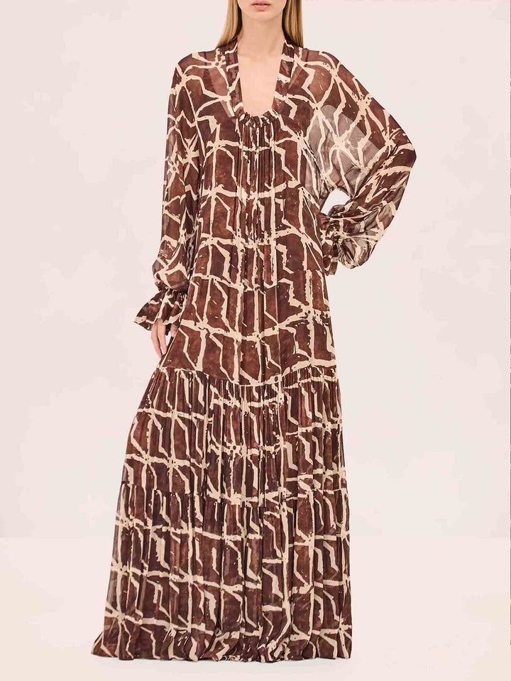 Elegant Abstract Geometric Print Pleated Maxi Dress