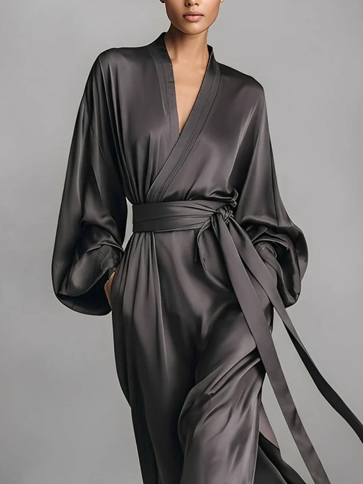 Delicate Satin Wrap V-Neck Maxi Dress