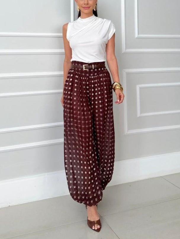Casual Knit Vest & Polka Dot Chiffon Harem Pants Two-Piece Set