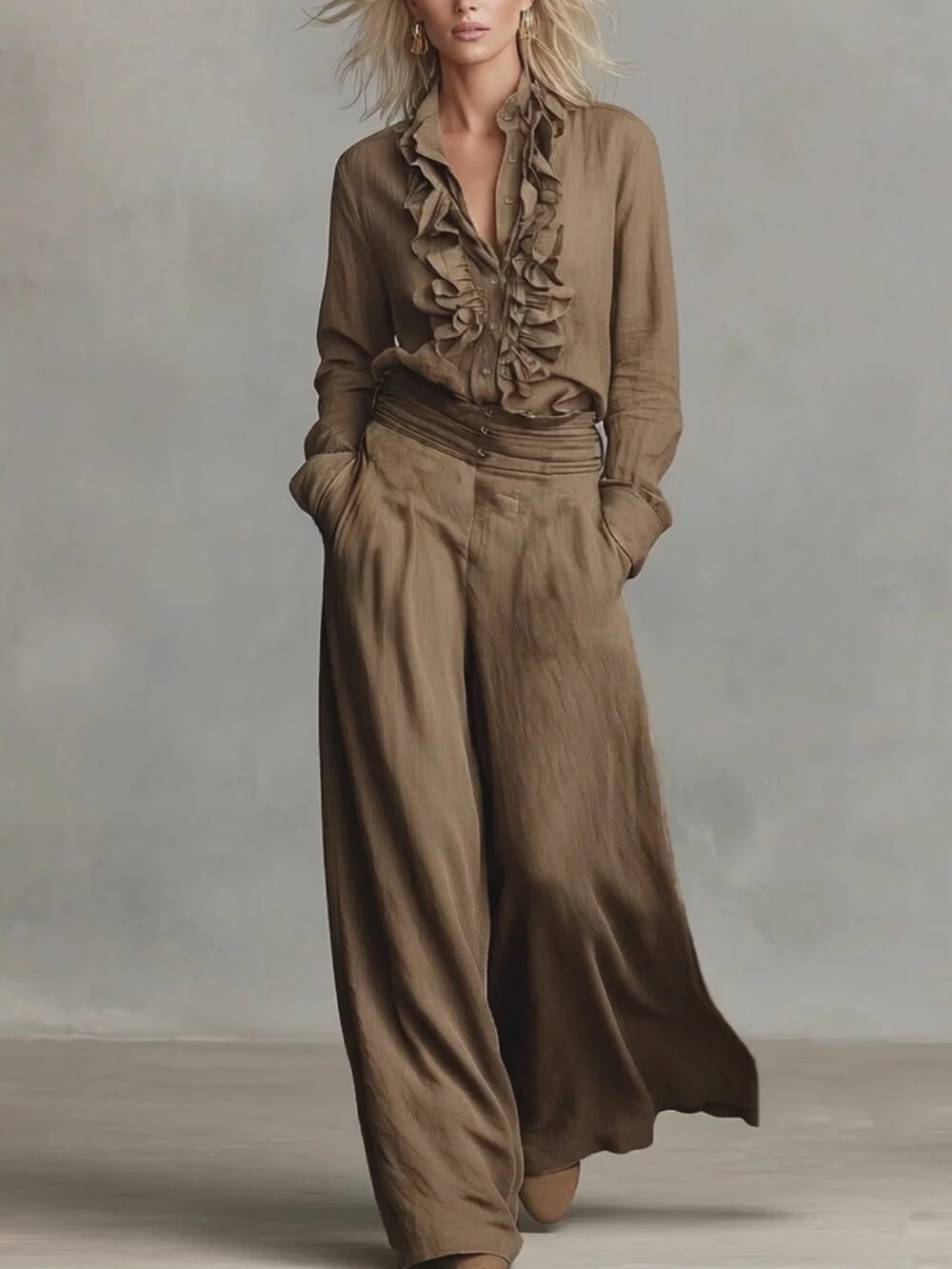 Unique Linen High-Waisted Loose Pockets Wide-Leg Pants
