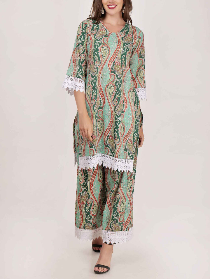 Elegant Paisley Print Lace-trimmed Long Shirt