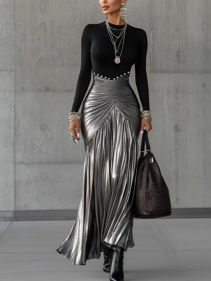 Elegant Round Neck Metallic Silver Pleated Maxi Dress