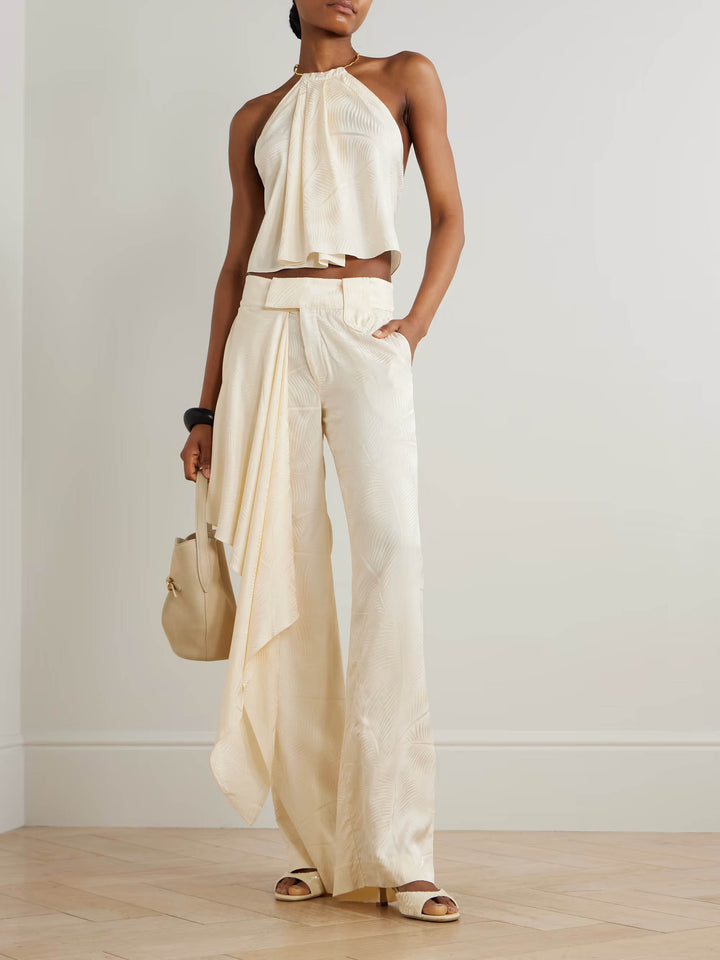 Elegant Backless Cropped Top & Draped Wide-Leg Pants Set