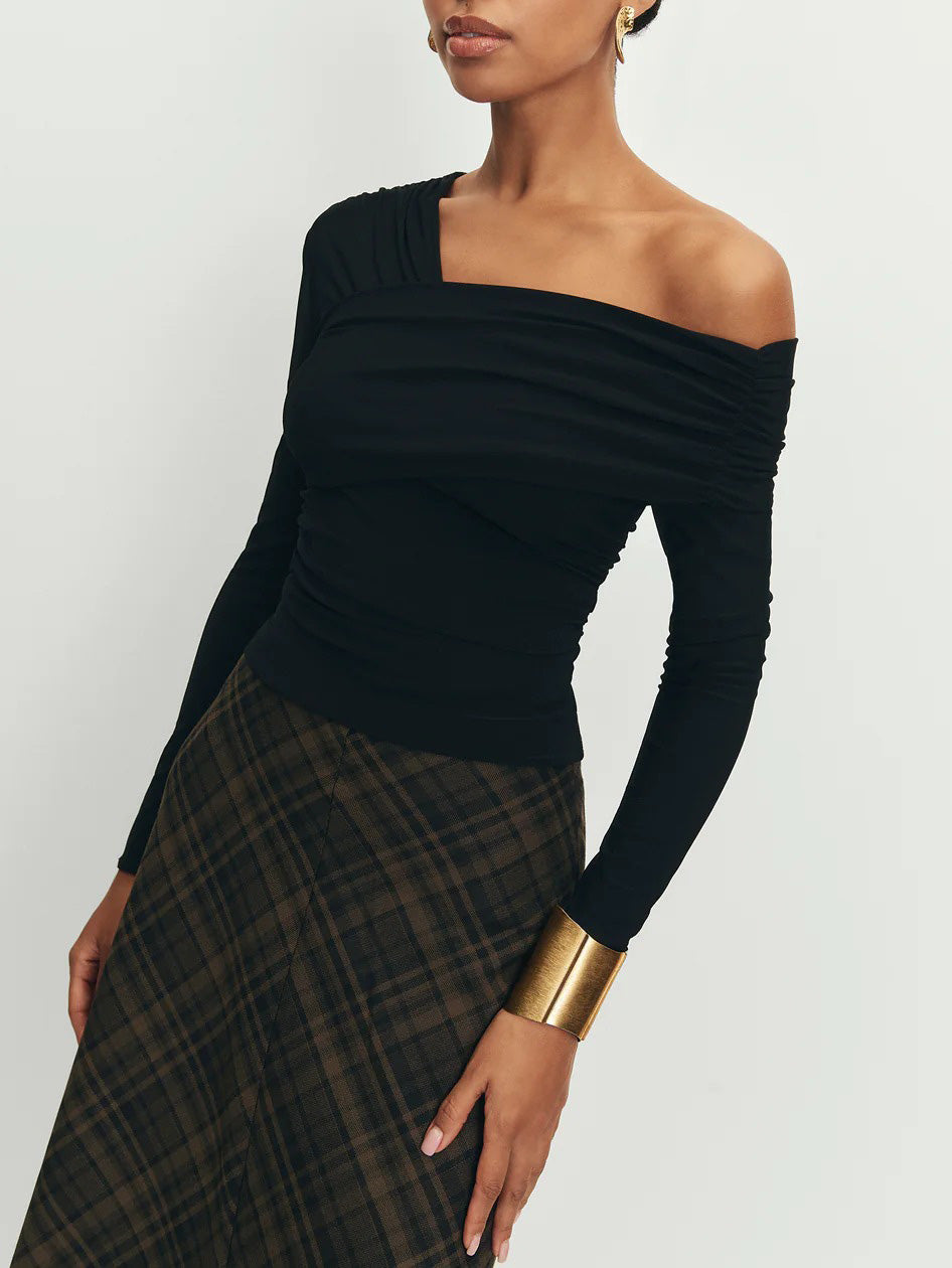 Elegant Off-Shoulder Ruched Long-Sleeved Top