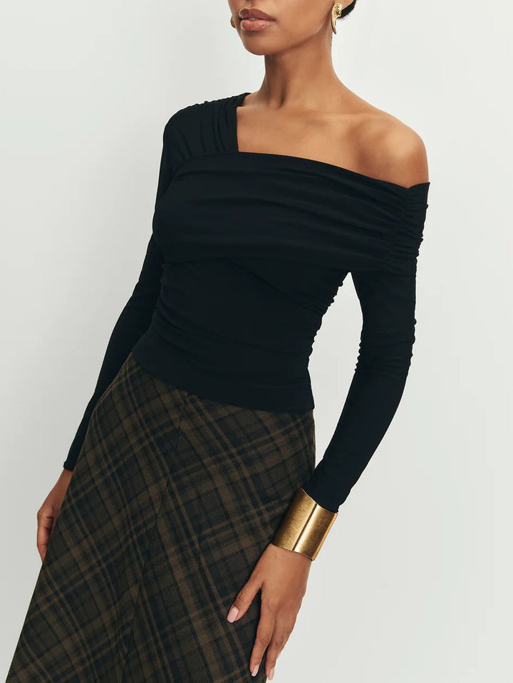 Elegant Off-Shoulder Ruched Long-Sleeved Top