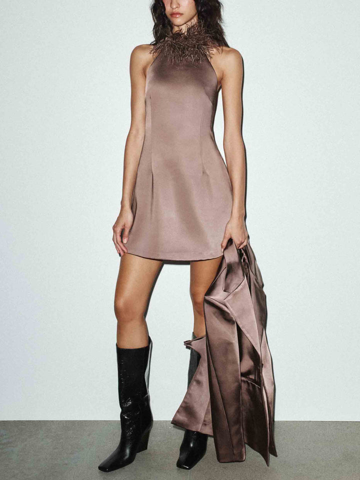 Elegant Feather-Trim High-Neck Satin Mini Dress