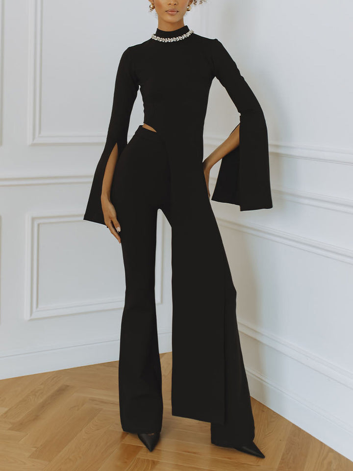 Elegant Rhinestone Color-blocked Irregular Two-piece Set