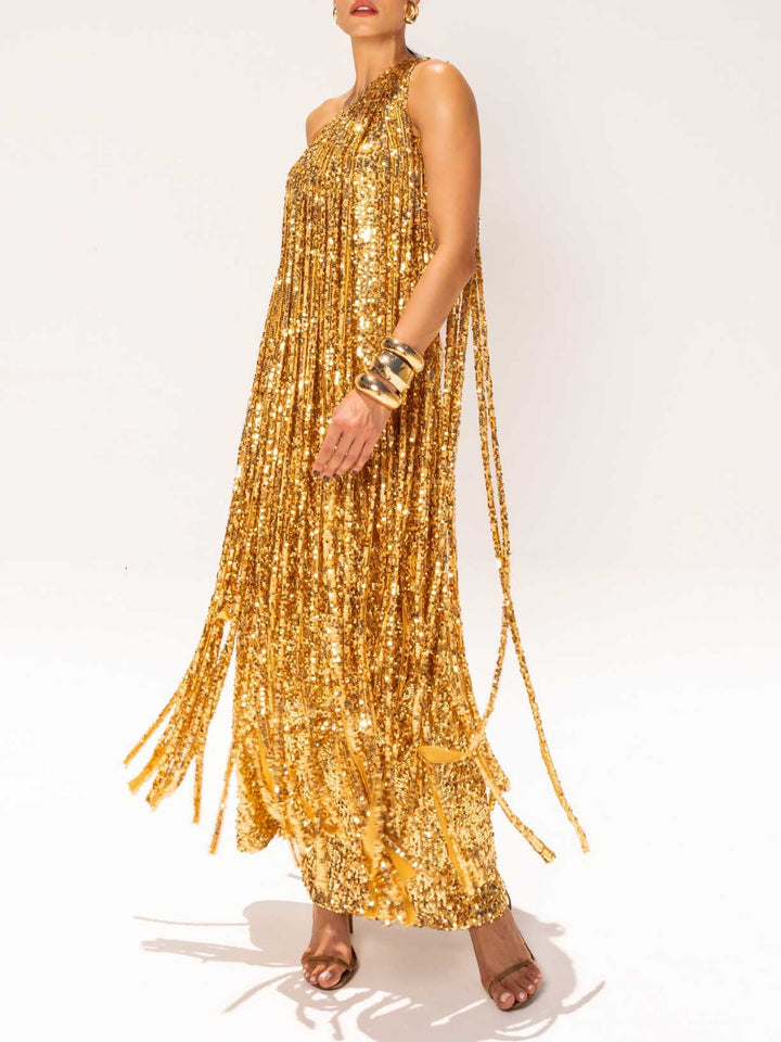 Elegant One-shoulder Neckline Tassel Sequin Maxi Dress