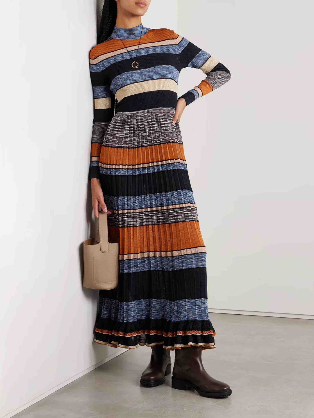Exquisite Colorful Striped Ruffled Knit High-Neck Maxi Dress