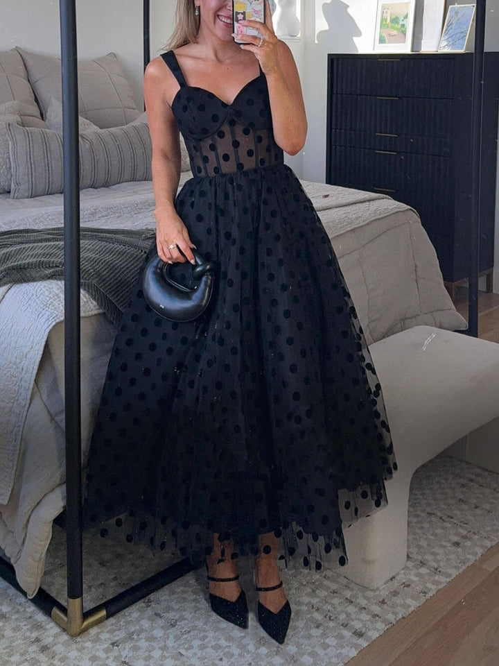 Exquisite Perfect Tulle Polka Dot Sweetheart Bustier A-Line Midi Dress