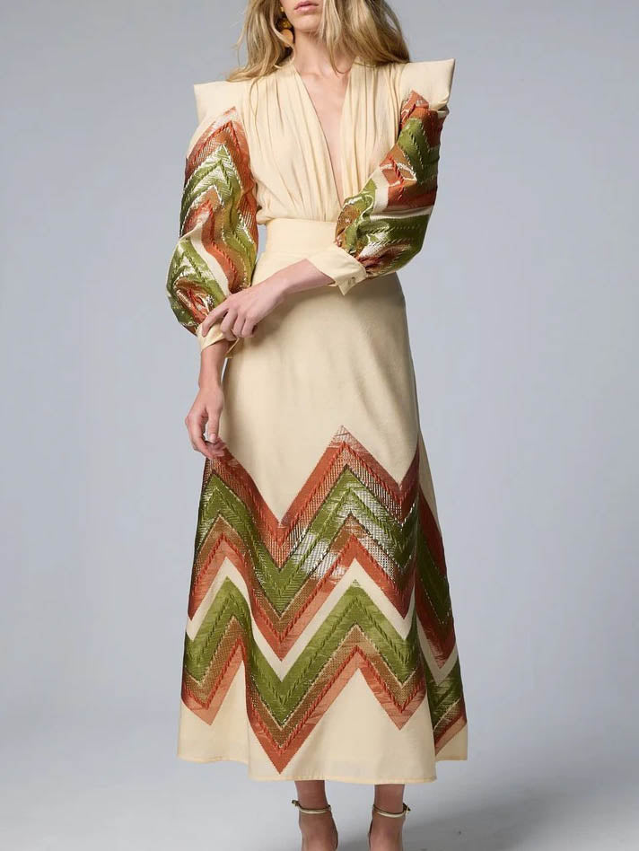 Elegant V-neck Geometric Print Maxi Dress