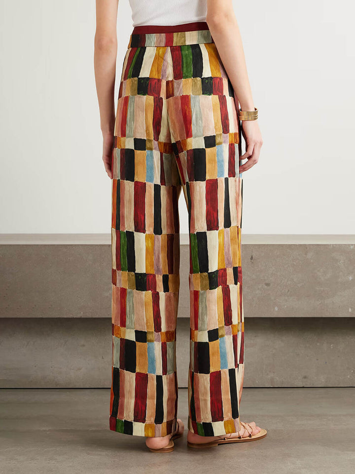 Retro Floral Print Loose Linen Elastic Waist Wide-Leg Pants