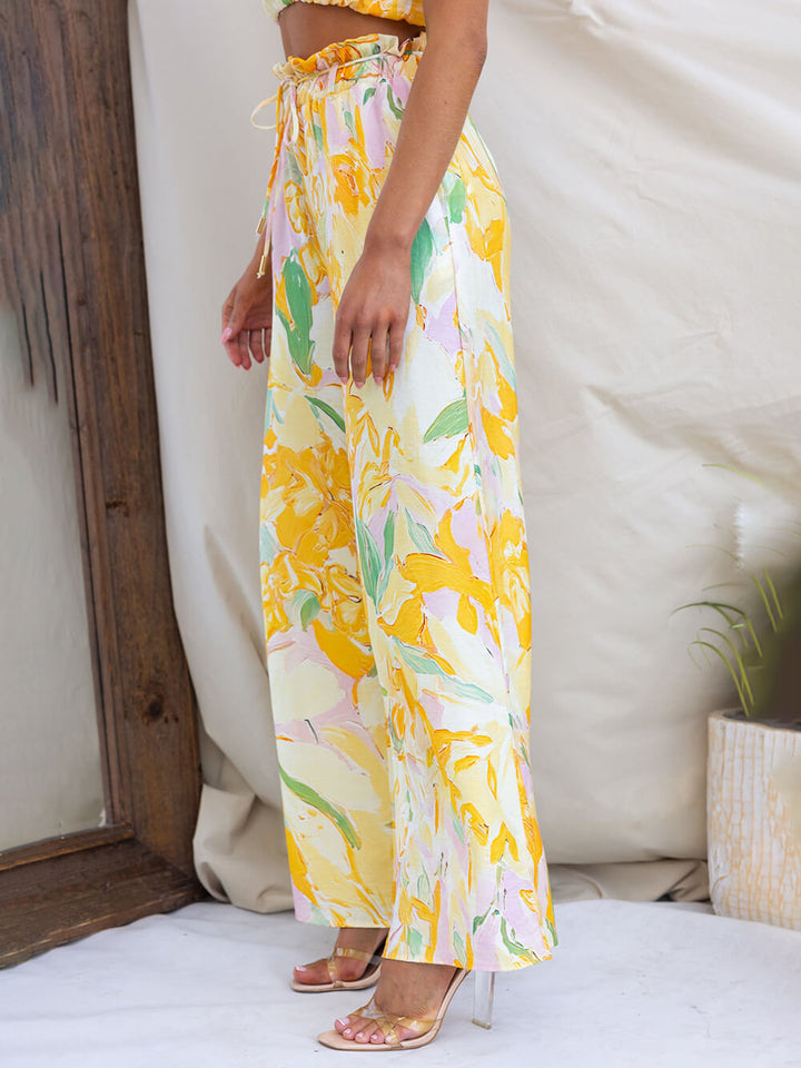 Casual Floral Print Elastic Waist Pocket Loose Wide Leg Pants
