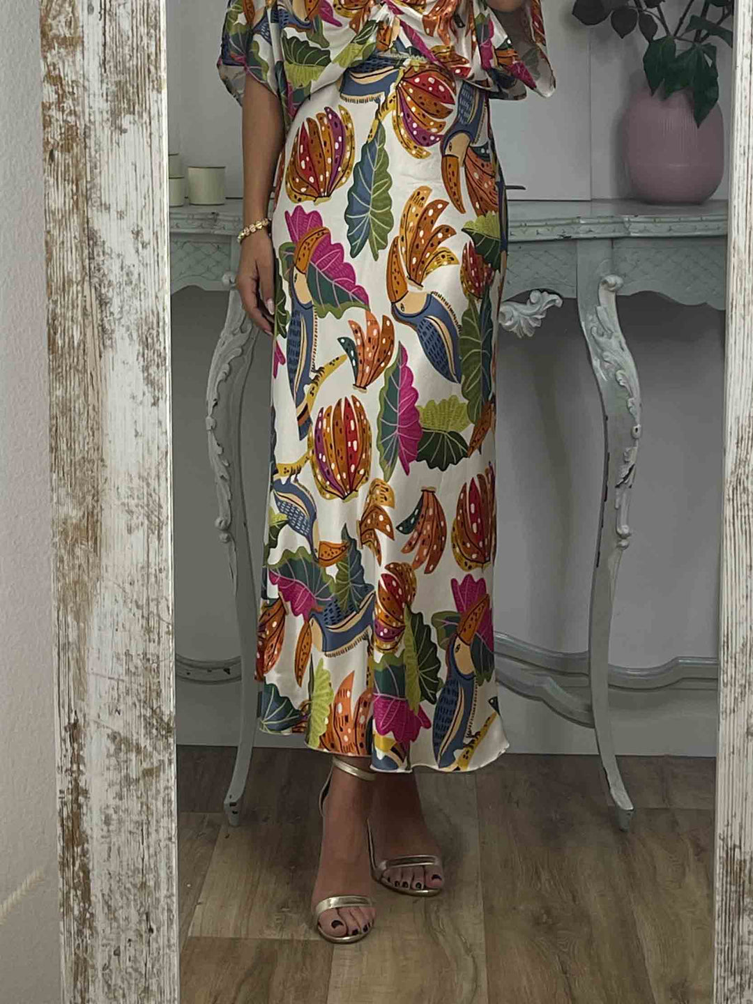 Retro Jungle Palm Leaf Satin Print Skirt