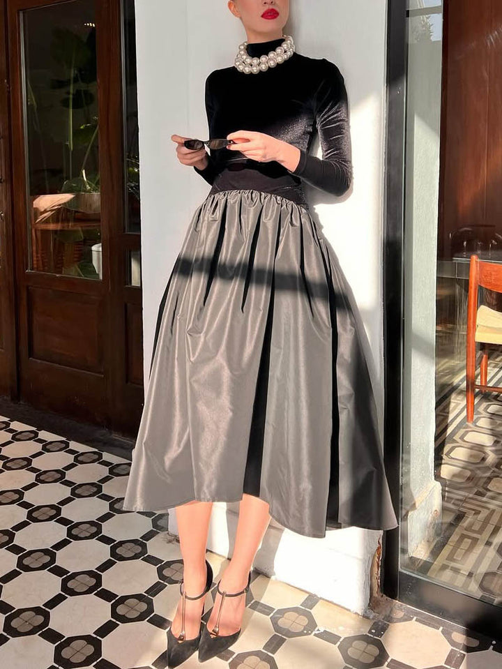 Elegant High-neck Velvet Patchwork Midi Dress