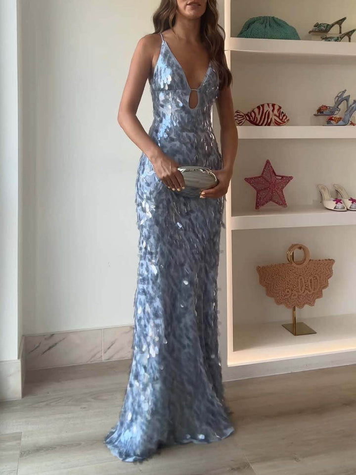Elegant Sequined V-Neck Fitted Party Maxi Dress