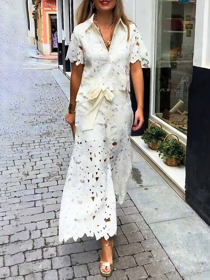 Casual Cutout Lace Short Sleeve Shirt