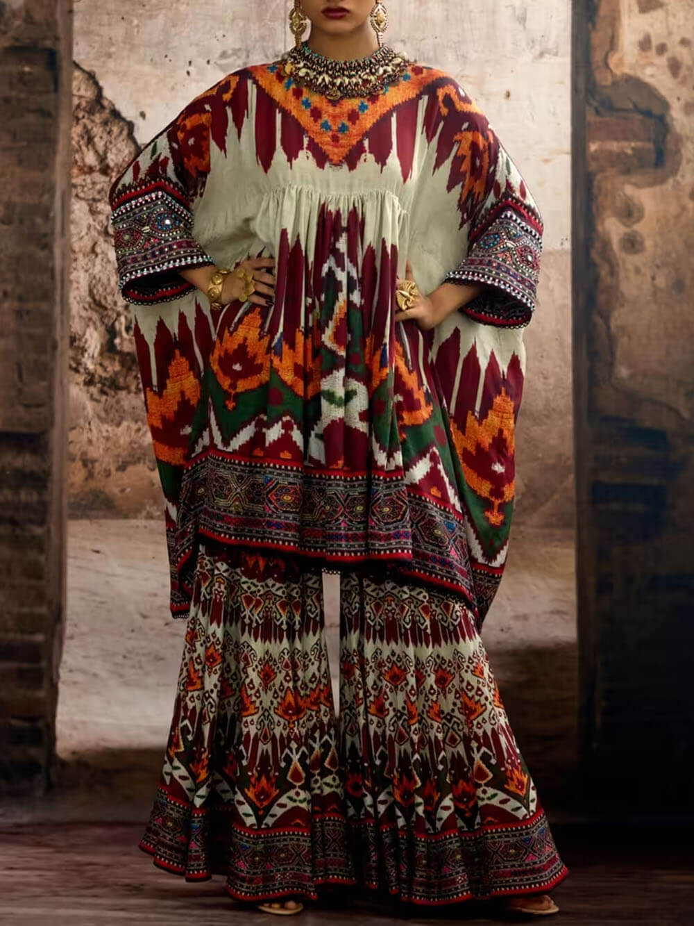 Unique Ethnic Print Bell Bottom Oversized Wide-Leg Pants