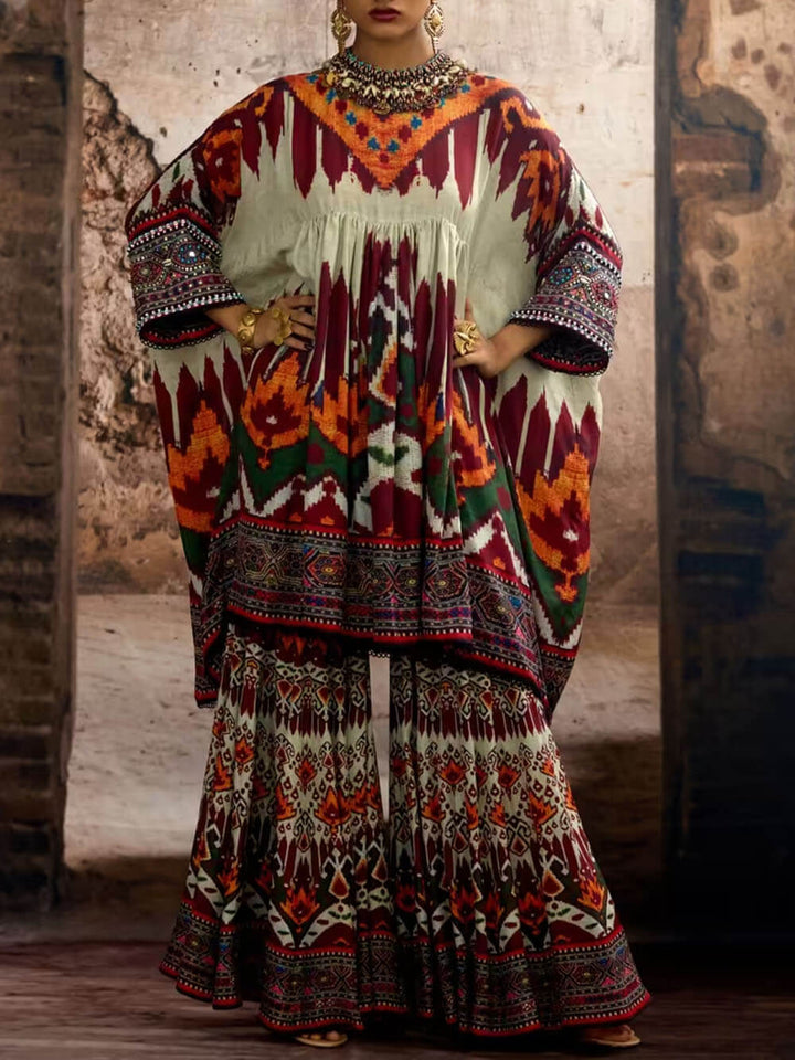 Unique Ethnic Print Bell Bottom Oversized Wide-Leg Pants