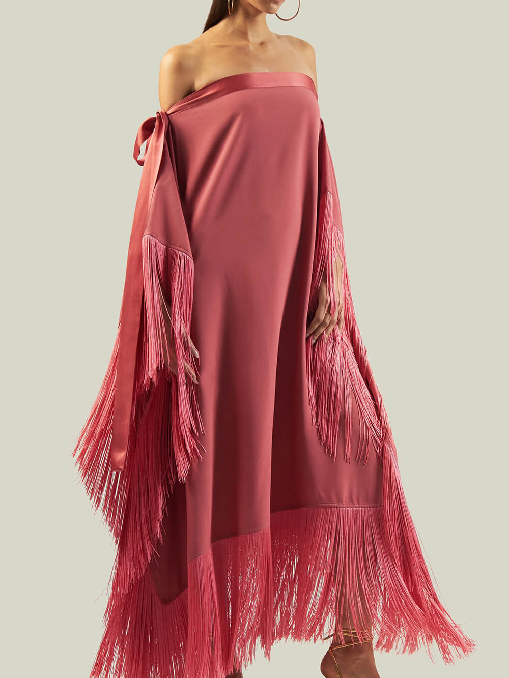 Elegant Satin Fringe Bow Off-Shoulder Maxi Dress