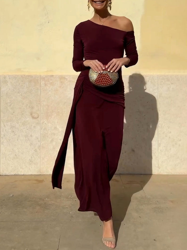Elegant Off-the-shoulder Pleated Knitted Slim Maxi Dress
