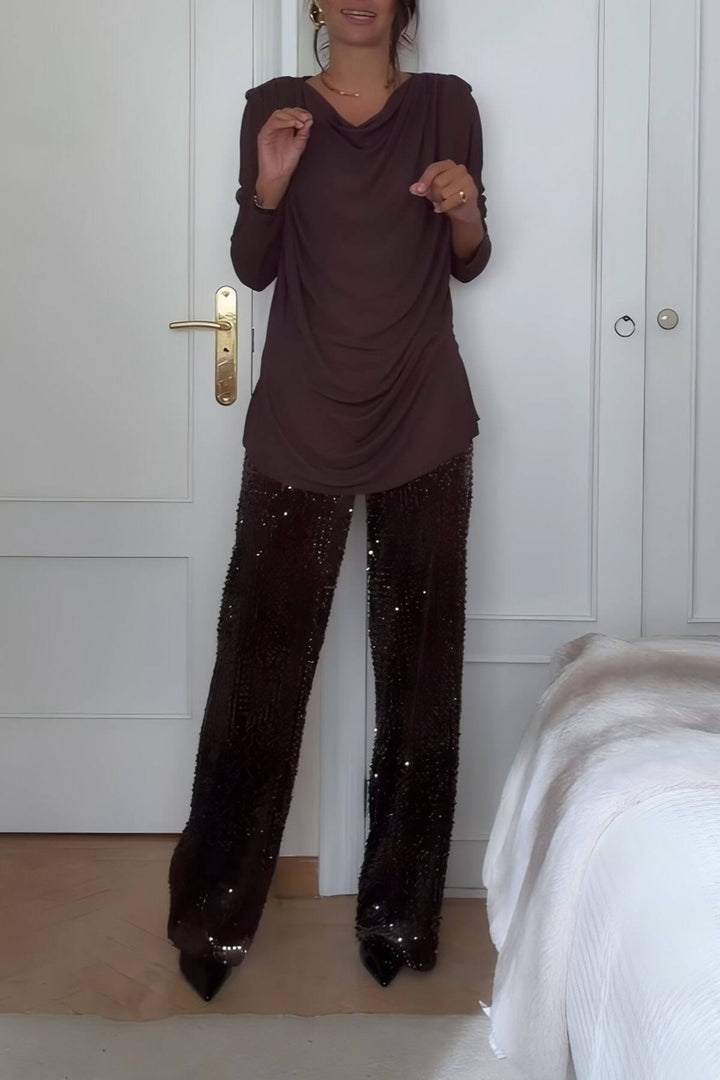 Unique Ruched Drop-Shoulder Long Sleeve Top