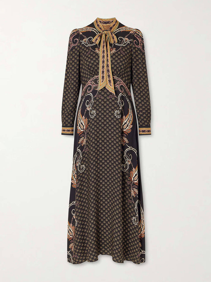 Modern Unique Bow Print Satin Maxi Dress