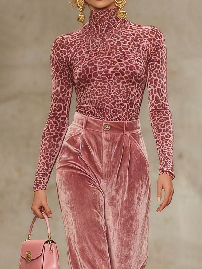 Casual Velvet Leopard Print T-Shirt And Wide-Leg Pants Two-Piece Set