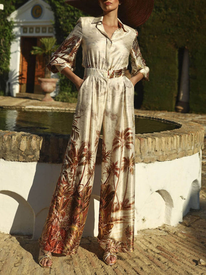 Elegant Palm Print Satin Elastic Waist Pocket Wide-Leg Jumpsuit